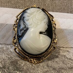 Vintage Navy Blue and White Lady Cameo Brooch